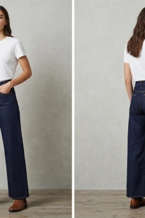 Kadın Geniş ve Kısa Paça Yüksek Bel Kot Pantolon - Lacivert