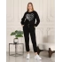 Kadın Taşlı Kalp Desen Bisiklet Yaka Alt İp Bağlamalı 3 İplik Şardonlu Sweatshirt Siyah