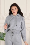 Kadın 3 İplik Şardonlu, Kapşonlu Sweatshirt - Eşofman altı Takım Gri
