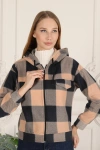 Kadın Taş Siyah Ekose Kapüşonlu Fermuarlı Oduncu Gömlek
