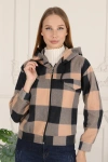 Kadın Taş Siyah Ekose Kapüşonlu Fermuarlı Oduncu Gömlek