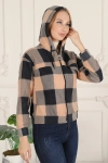Kadın Taş Siyah Ekose Kapüşonlu Fermuarlı Oduncu Gömlek