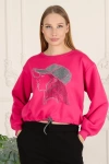 Kadın Taşlı Desen Bisiklet Yaka Alt İp Bağlamalı 3 İplik Şardonlu Sweatshirt Fuşya