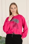 Kadın Taşlı Desen Bisiklet Yaka Alt İp Bağlamalı 3 İplik Şardonlu Sweatshirt Fuşya