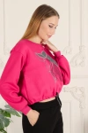 Kadın Taşlı Desen Bisiklet Yaka Alt İp Bağlamalı 3 İplik Şardonlu Sweatshirt Fuşya