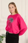 Kadın Taşlı Desen Bisiklet Yaka Alt İp Bağlamalı 3 İplik Şardonlu Sweatshirt Fuşya