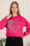 Kadın Taşlı Kalp Desen Bisiklet Yaka Alt İp Bağlamalı 3 İplik Şardonlu Sweatshirt Fuşya