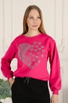 Kadın Taşlı Kalp Desen Bisiklet Yaka Alt İp Bağlamalı 3 İplik Şardonlu Sweatshirt Fuşya