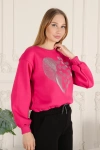 Kadın Taşlı Kalp Desen Bisiklet Yaka Alt İp Bağlamalı 3 İplik Şardonlu Sweatshirt Fuşya