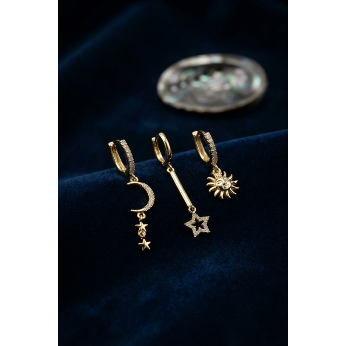 3 lü Set Ay Yıldız ve Güneş Model Gold Renk Kadın Küpe