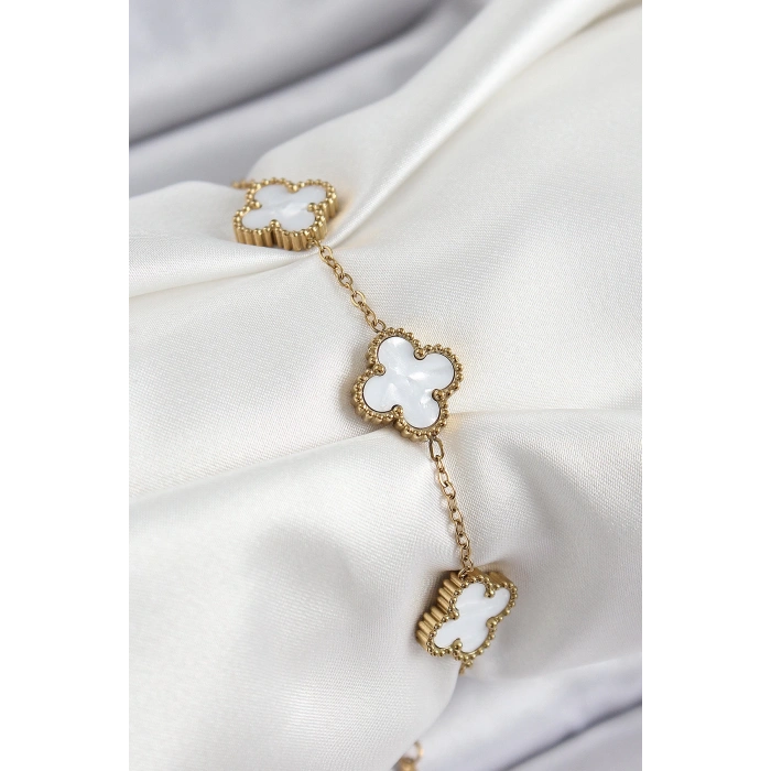 316L Çelik Beyaz Sedef Yonca Model Gold Renk Kadın Bileklik