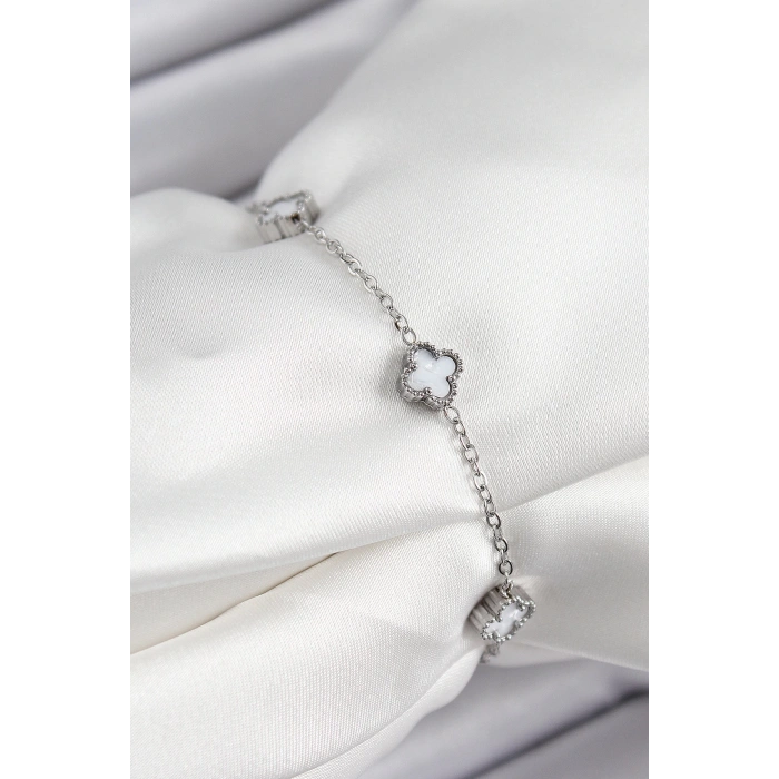 316L Çelik Beyaz Sedef Yonca Model Gümüş Renk Kadın Bileklik