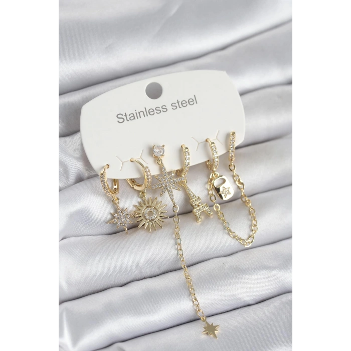 316L Çelik Gold Renk 6lı Set Charmlı Kadın Küpe