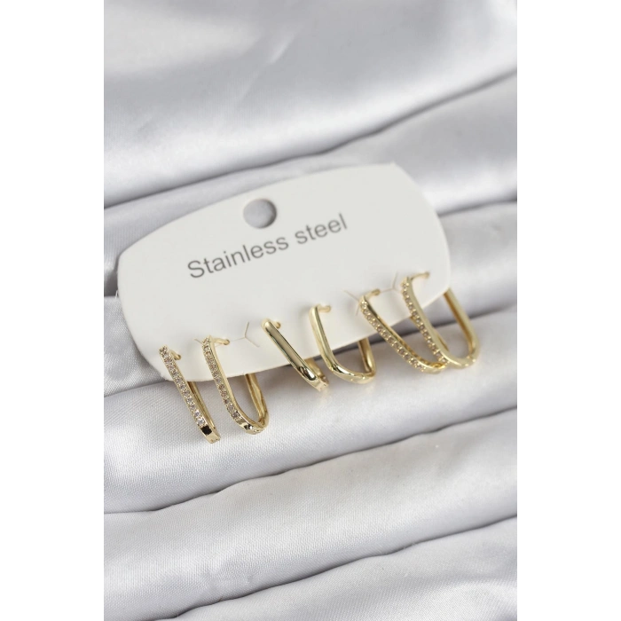 316L Çelik Gold Renk 6lı Set Geometrik Model Kadın Küpe