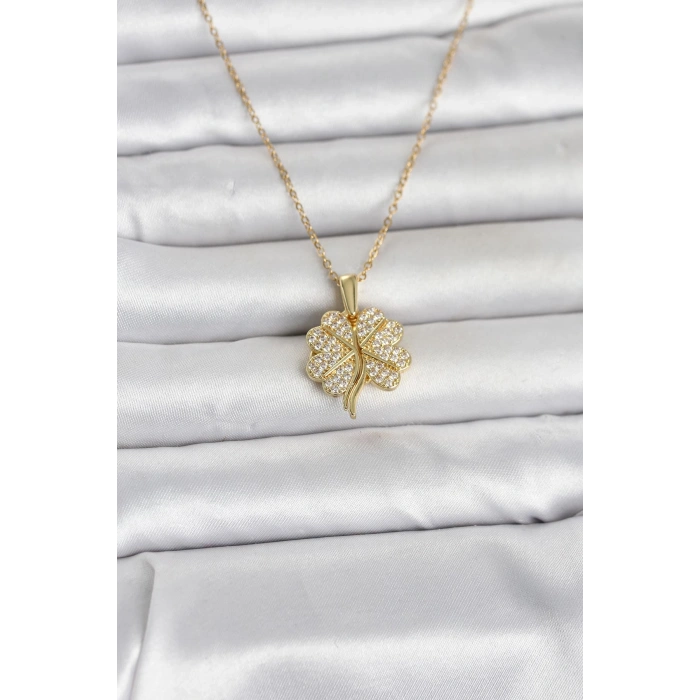 316L Çelik Gold Renk Açılabilir Yonca Model Zirkon Taşlı Kadın Kolye