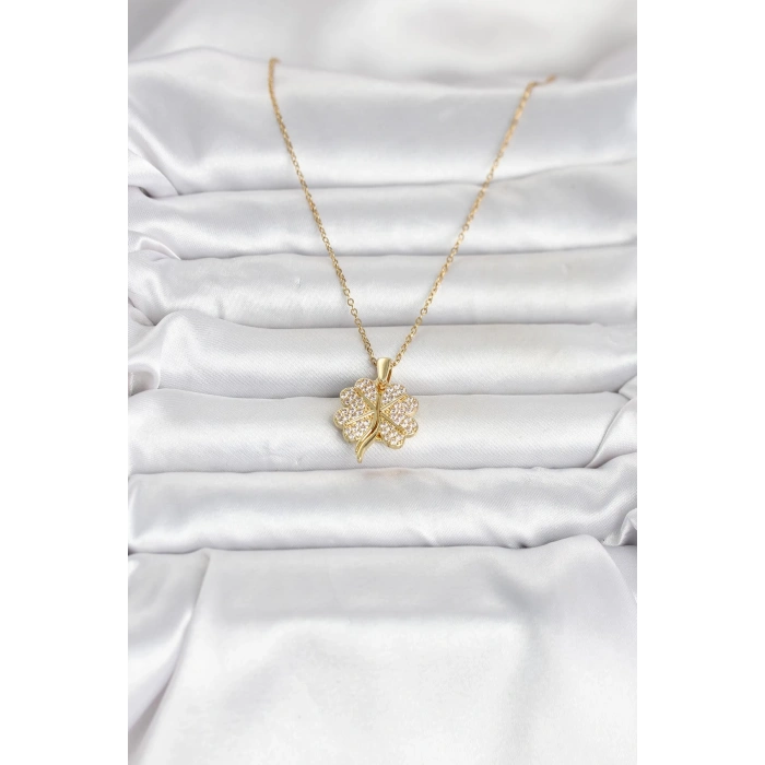 316L Çelik Gold Renk Açılabilir Yonca Model Zirkon Taşlı Kadın Kolye