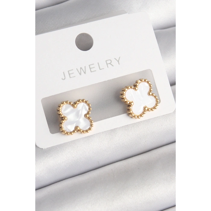 316L Çelik Gold Renk Beyaz Minelik Yonca Model Kadın Küpe