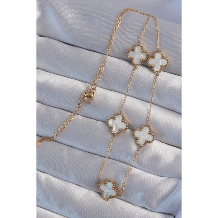 316L Çelik Gold Renk Beyaz Sedefli Yonca Kolye