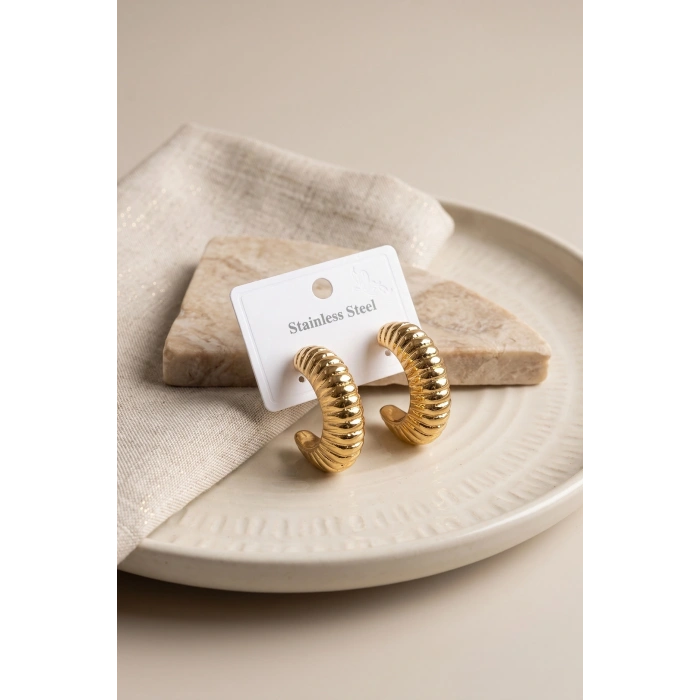 316L Çelik Gold Renk Bombeli Kroasan Model Küpe