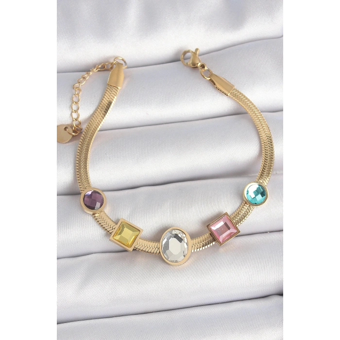 316L Çelik Gold Renk İtalyan Zincir Renkli Zirkon Taşlı Kadın Bileklik