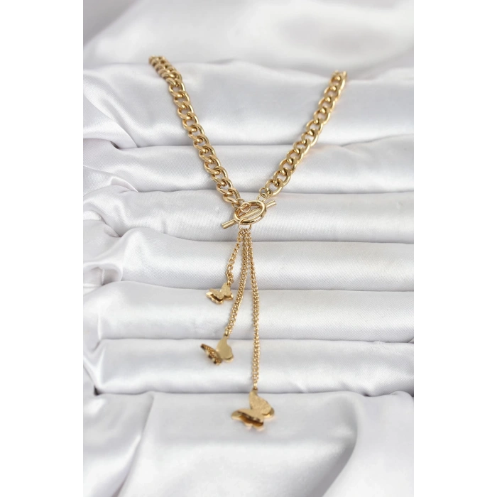 316L Çelik Gold Renk Kelebek Sallantılı Kadın Kolye