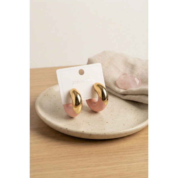 316L Çelik Gold Renk Pembe Halka Model Kadın Küpe