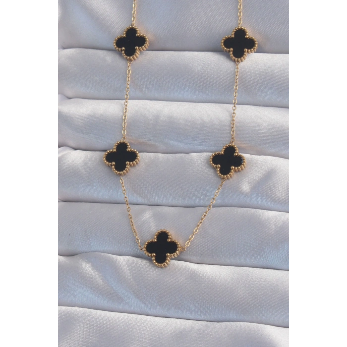 316L Çelik Gold Renk Siyah Mineli Yonca Kolye