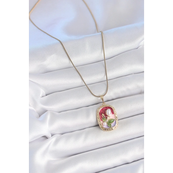 316L Çelik Gold Renk Zincir Mix Renk İncili Çiçek İşlemeli Portre Model Kadın Kolye