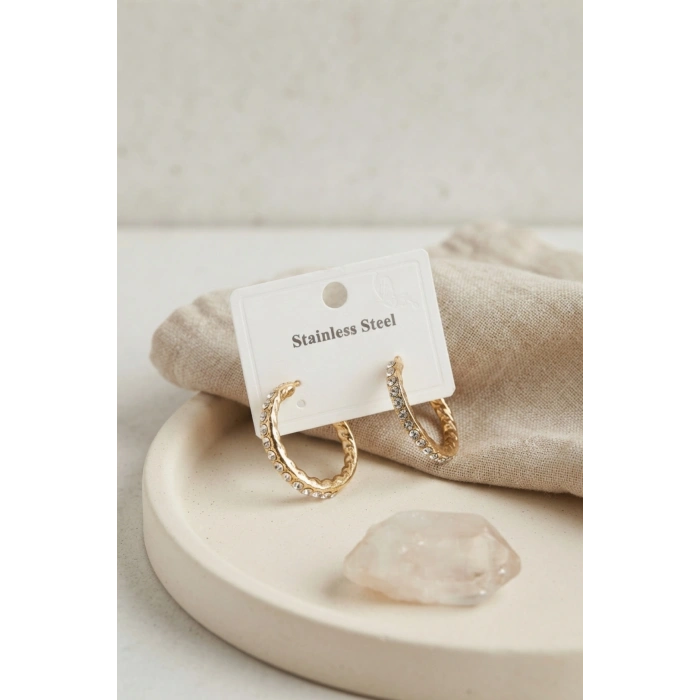 316L Çelik Gold Renk Zirkon Taşlı Halka Model Küpe