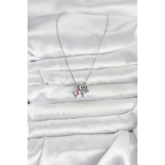 316L Çelik Gümüş Pembe Zirkon Taşlı Charmlı Kadın Kolye