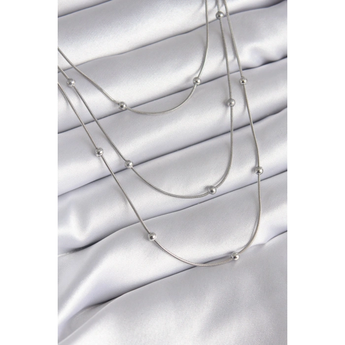 316L Çelik Gümüş Renk 3lü Topçuk Detay Kadın Kolye