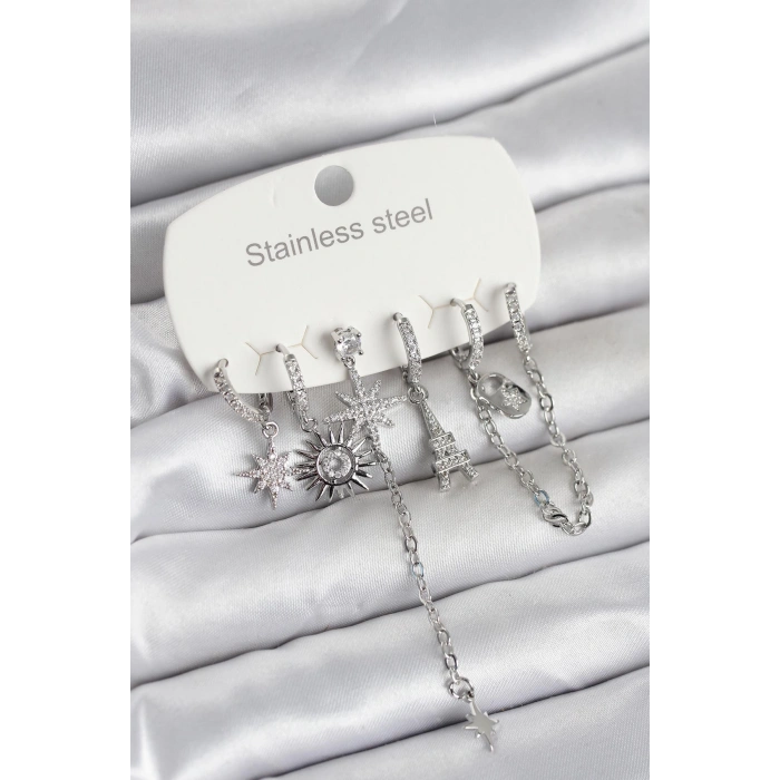 316L Çelik Gümüş Renk 6lı Set Charmlı Kadın Küpe