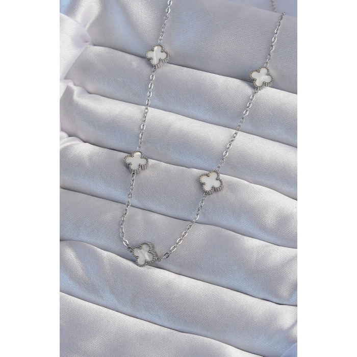 316L Çelik Gümüş Renk Minimal Beyaz Sedefli Yonca Kolye