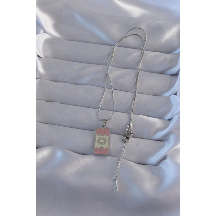 316L Çelik Gümüş Renk Pembe Mineli Ay Figür Tarot Kolye