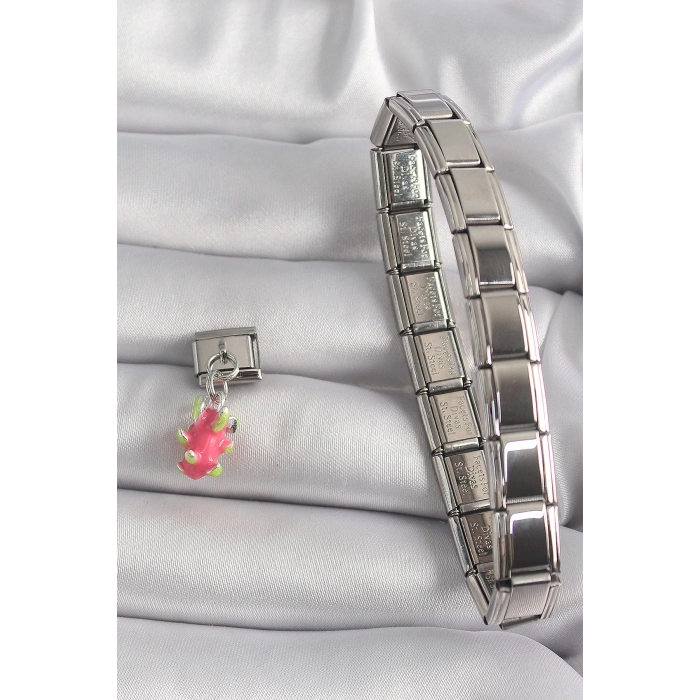 316L Çelik Gümüş Renk Sallantı Ejder Meyvesi Model Nomination Charm