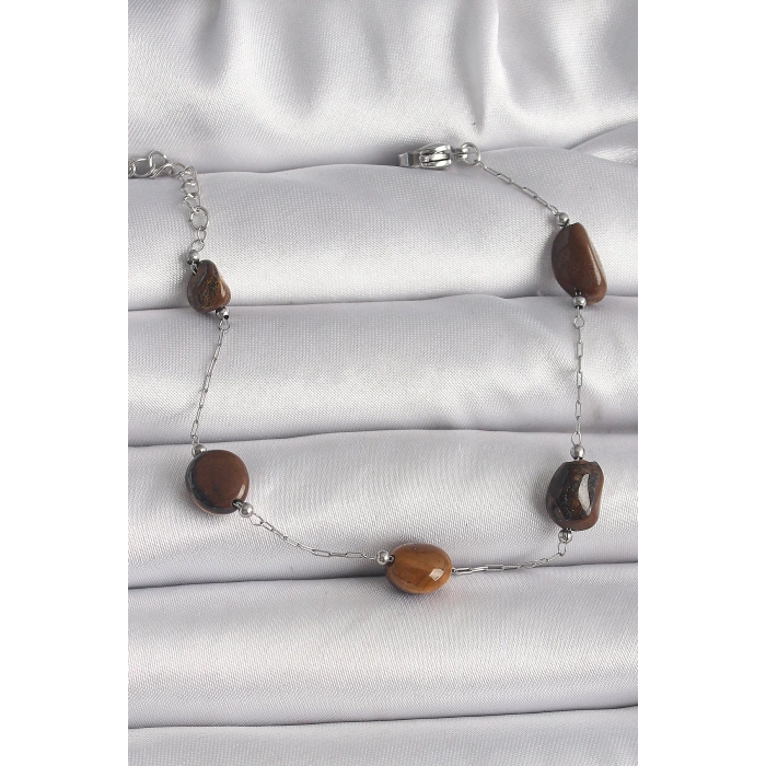 316L Çelik Gümüş Renk Zincir Kahverengi Doğaltaş Model Kadın Bileklik