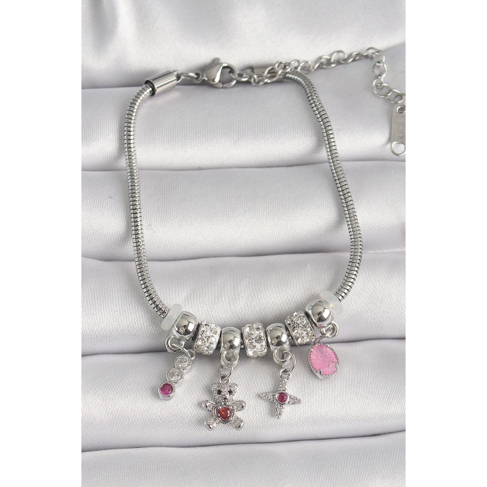 Pirinç Gümüş Renk Zincir Sallantı Zirkon Taşlı Ayıcık Figür Yıldız Detay Kadın Bileklik