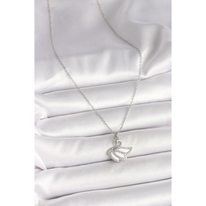 316L Çelik Gümüş Renk Zincir Zirkon Taşlı Kuğu Model Kadın Kolye