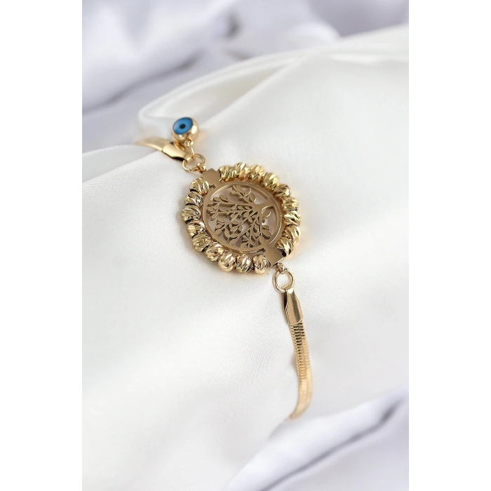 316L Çelik Nazar Boncuk Detaylı Hayat Ağacı Model İtalyan Zincir Gold Renk Kadın Bileklik