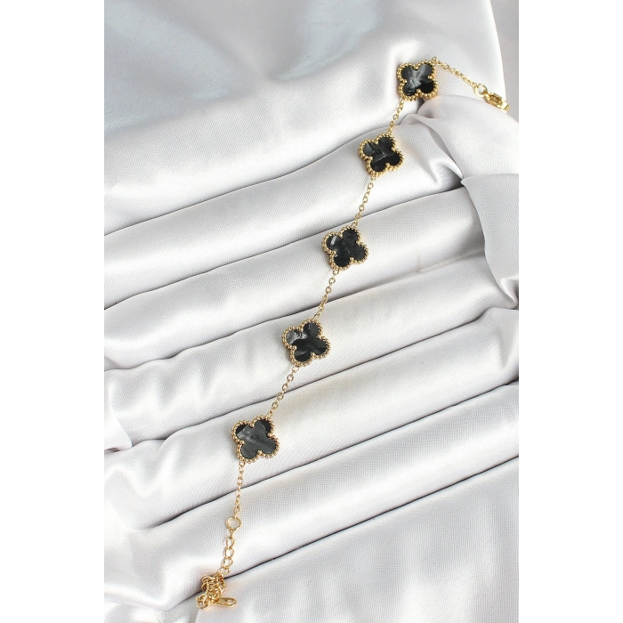 316L Çelik Sedefli Siyah Gold Renk Yonca Kadın Bileklik