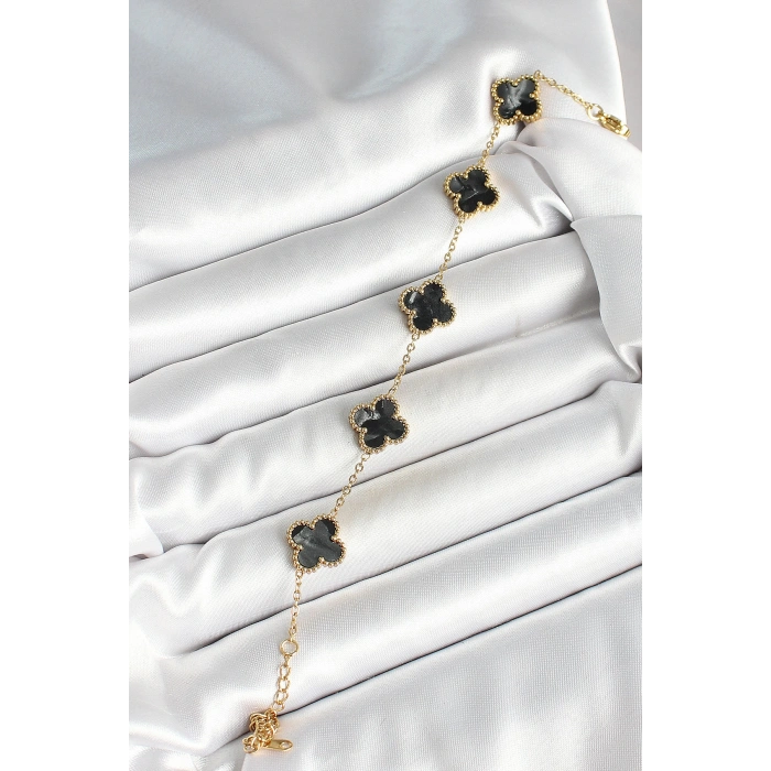 316L Çelik Sedefli Siyah Gold Renk Yonca Kadın Bileklik