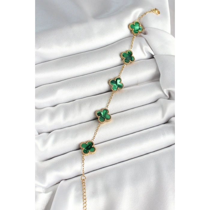 316L Çelik Sedefli Zümrüt Yeşil Gold Renk Yonca Kadın Bileklik