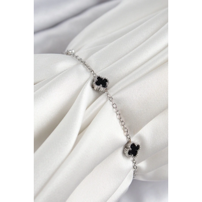 316L Çelik Siyah Sedef Yonca Model Gümüş Renk Kadın Bileklik