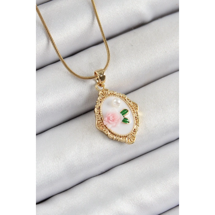 316L Çelik Zincir Beyaz Sanatsal Portre İnci Detaylı Gül Figürlü Model Gold Renk Kadın Kolye