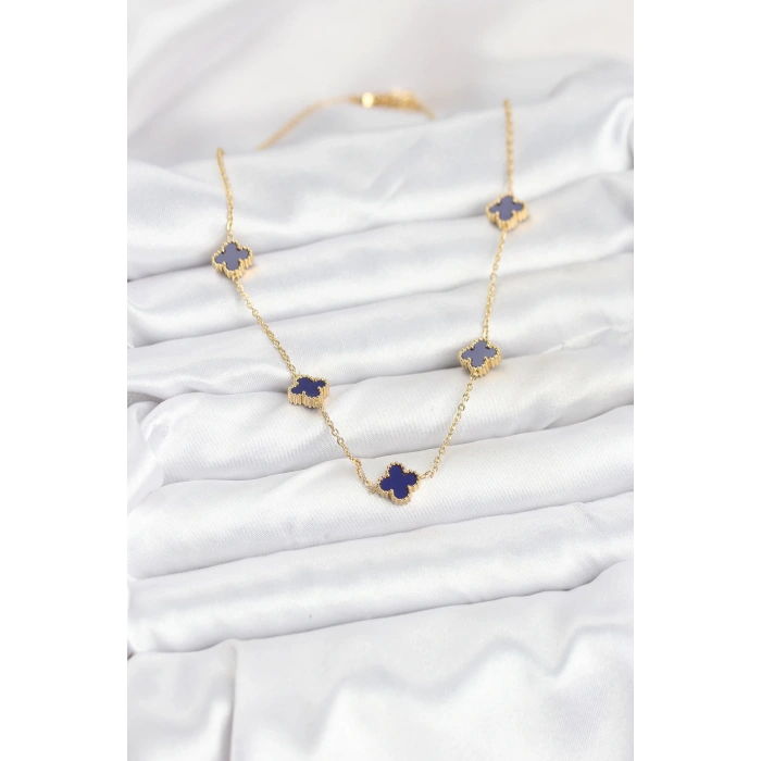 316L Çelik Zincir Gold Renk Lacivert Baby Boy Yonca Kadın Kolye