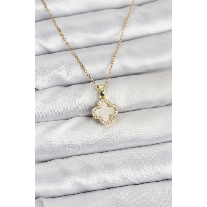 316L Çelik Zincir Gold Renk Sedefli Yonca Kadın Kolye