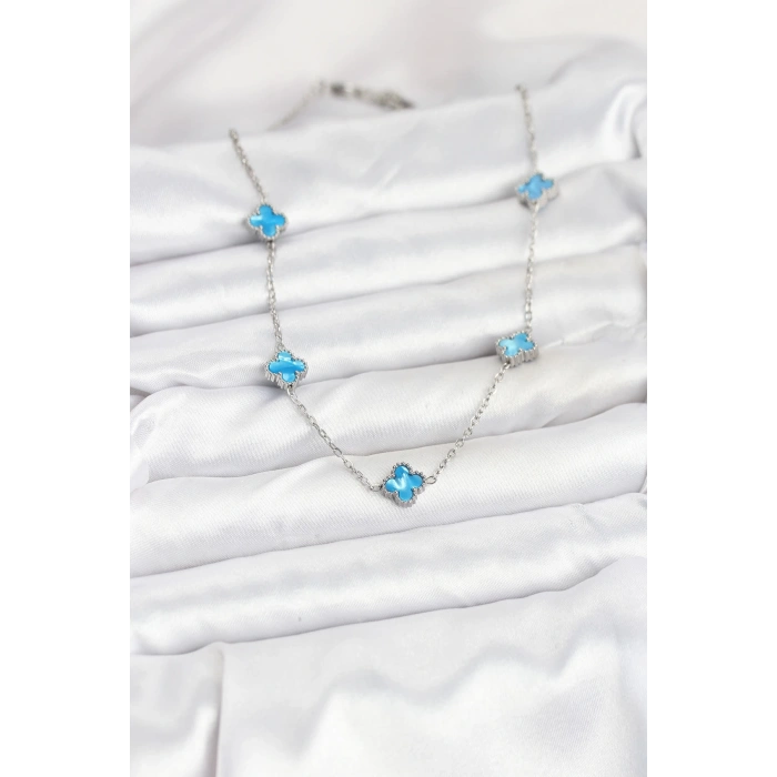 316L Çelik Zincir Gümüş Renk Buz Mavisi Baby Boy Yonca Kadın Kolye