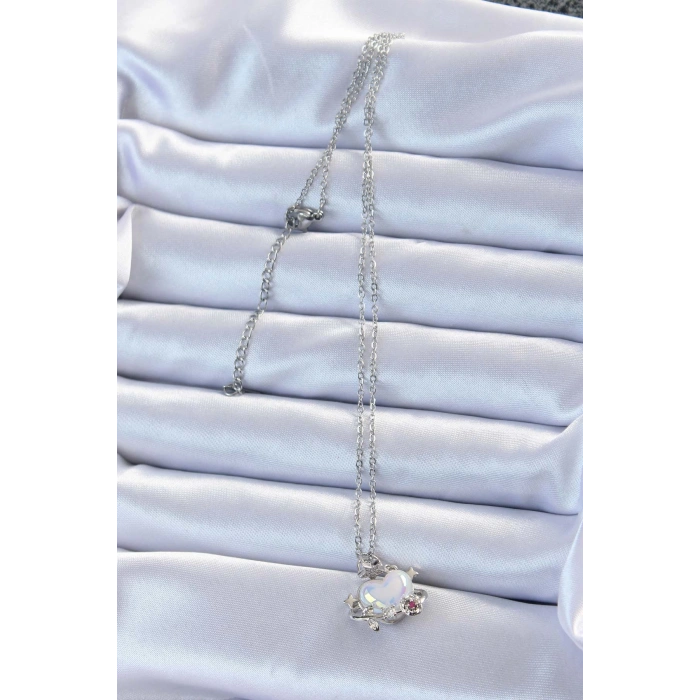 316L Çelik Zincir Gümüş Renk Zirkon Taşlı Gezegen Görünümlü Kalp Kolye