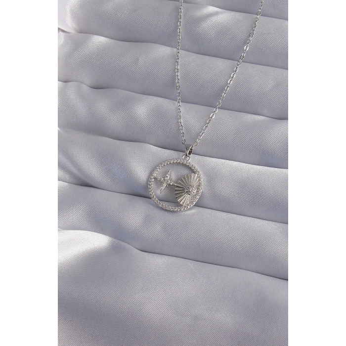 316L Çelik Zincir Gümüş Renk Zirkon Taşlı Yıldız Figürlü Oval Kolye