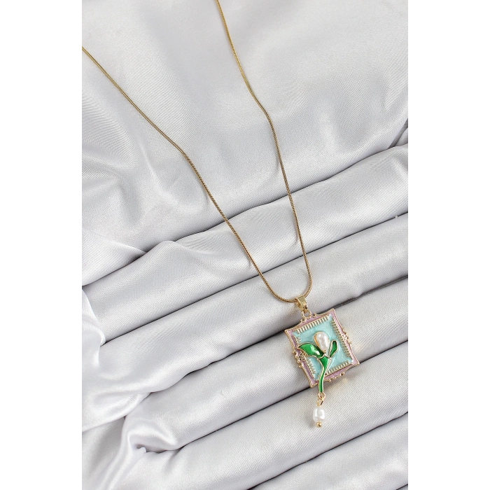 316L Çelik Zincir Turkuaz Sanatsal Portre Sallantılı İnci Detaylı Lale Model Gold Renk Kadın Kolye